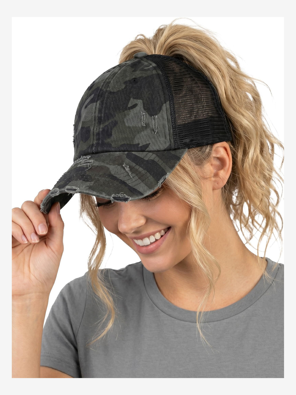 Criss Cross Ponytail Cap, Messy Bun Distressed Baseball Hat | Black | Size OS